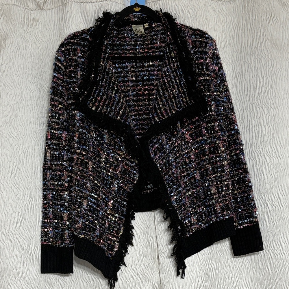 Original USA Open Front Cardigan Sparkle Glitz Fringe Ribbon Weave~Women’s L/XL